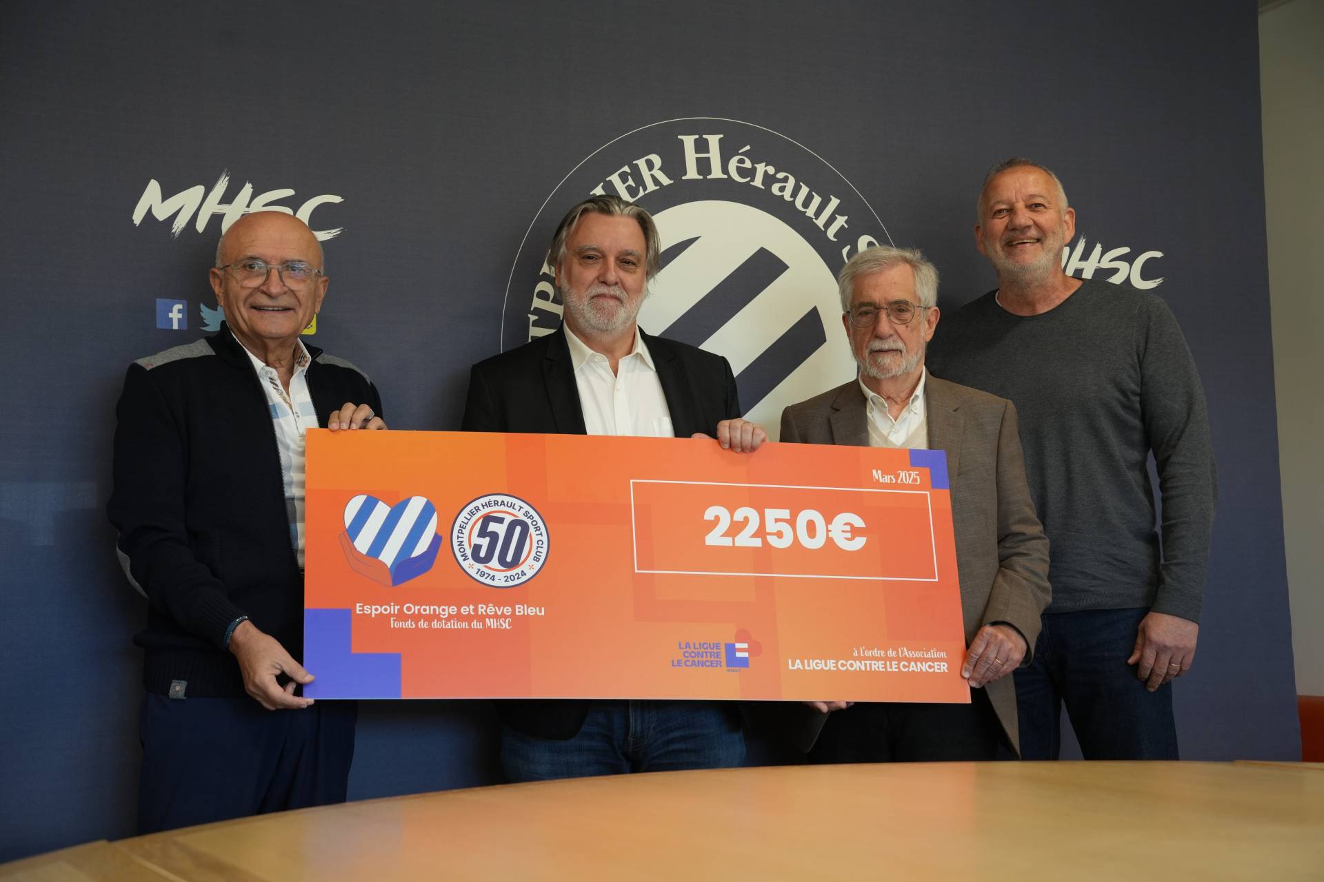 Richard Pagès, Secrétaire général de La Ligue 34, Laurent Nicollin, Président du MHSC, Pr Jean-Bernard Dubois, Président de La Ligue 34 et Laurent Moulin, administrateur chargé de partenariat à la Ligue 34