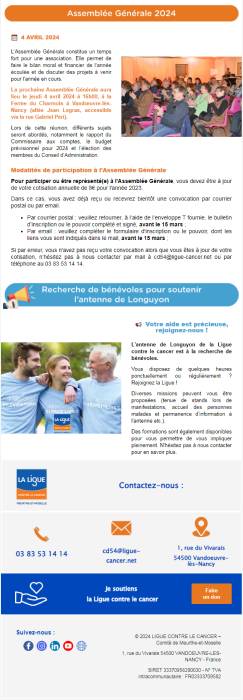 Newsletter Janvier - Février 2024 du Comité 54 de la Ligue contre le cancer
