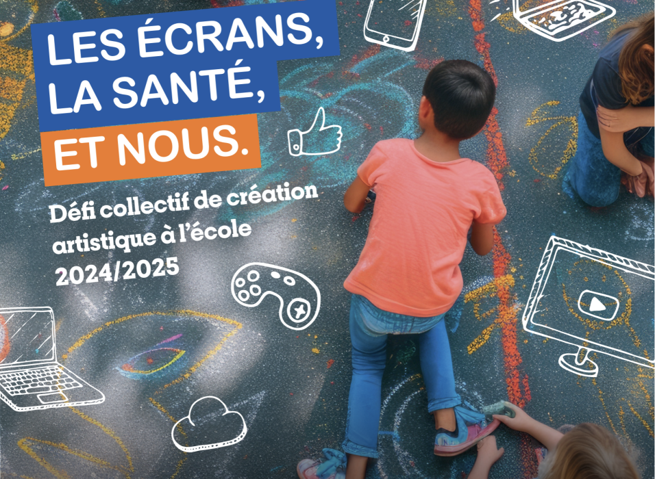 Cour de récréation avec le titre du défi scolaire : "les écrans, la santé et nous"