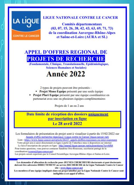 Recherche Appel d'Offres Régional 2022 Ligue contre le cancer