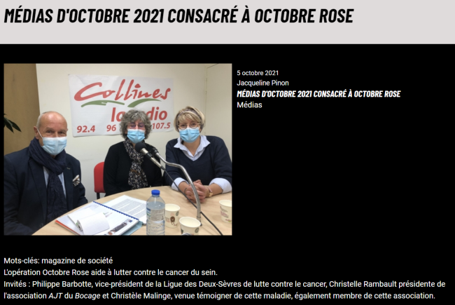 Retrouvez l'émission en vous rendant sur le lien suivant : www.collines-laradio.fr/medias-d-octobre-2021-consacre-a-octobre-rose