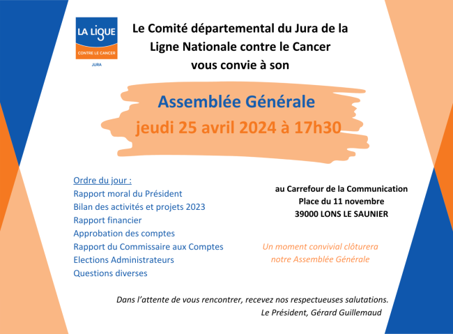 Assemblée Générale le jeudi 25 avril 2024 à 17h30 au CARCOM de Lons le Saunier